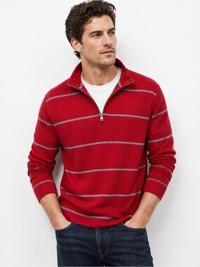 Banana Republic Red Stripe Quarter Zip Sweater Pullover Medium Casual Preppy M